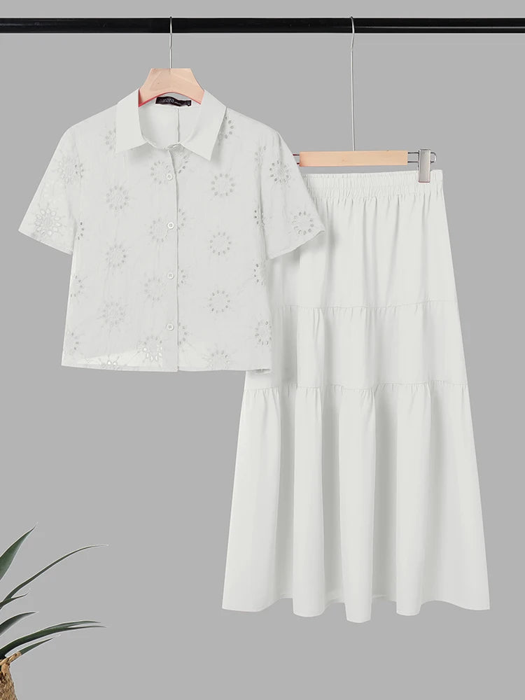 ZANZEA Elegant Short Sleeve Hollow Out Shirt Dress Sets Women 2 Piece Sets Summer Outfits 2026 Stylish Solid OL Work Skirt Suit