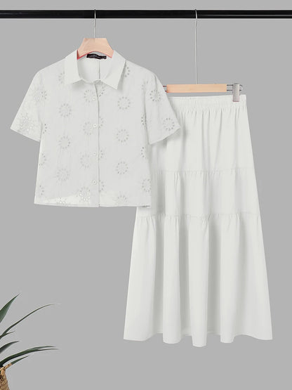 ZANZEA Elegant Short Sleeve Hollow Out Shirt Dress Sets Women 2 Piece Sets Summer Outfits 2026 Stylish Solid OL Work Skirt Suit