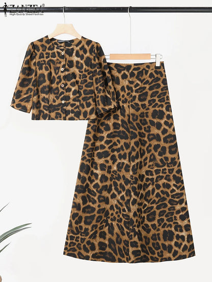 ZANZEA Leopard Print 2 Pieces Sets Woman Street Fashion Puff Sleeve Short Tops Wide Leg Pants 2pcs Suits Outfits OL Pant Sets
