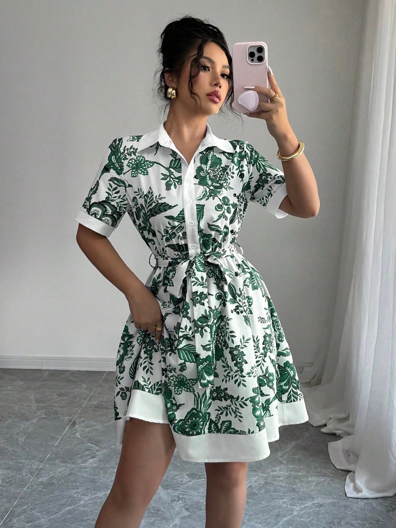 Dresses for Women New Summer Short Sleeve Turn Down Collar Women Dress Lace-up Print Dress Women Vestidos De Verano Mujer Q4136