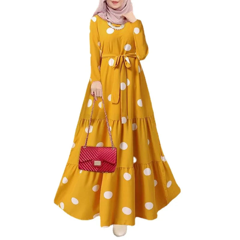 Women dress Eid Muslim Abaya Long Sleeve O Neck Dubai Abayas Ramadan Morocco Spliced Print Belt Long Robe Kaftan Casual Loose