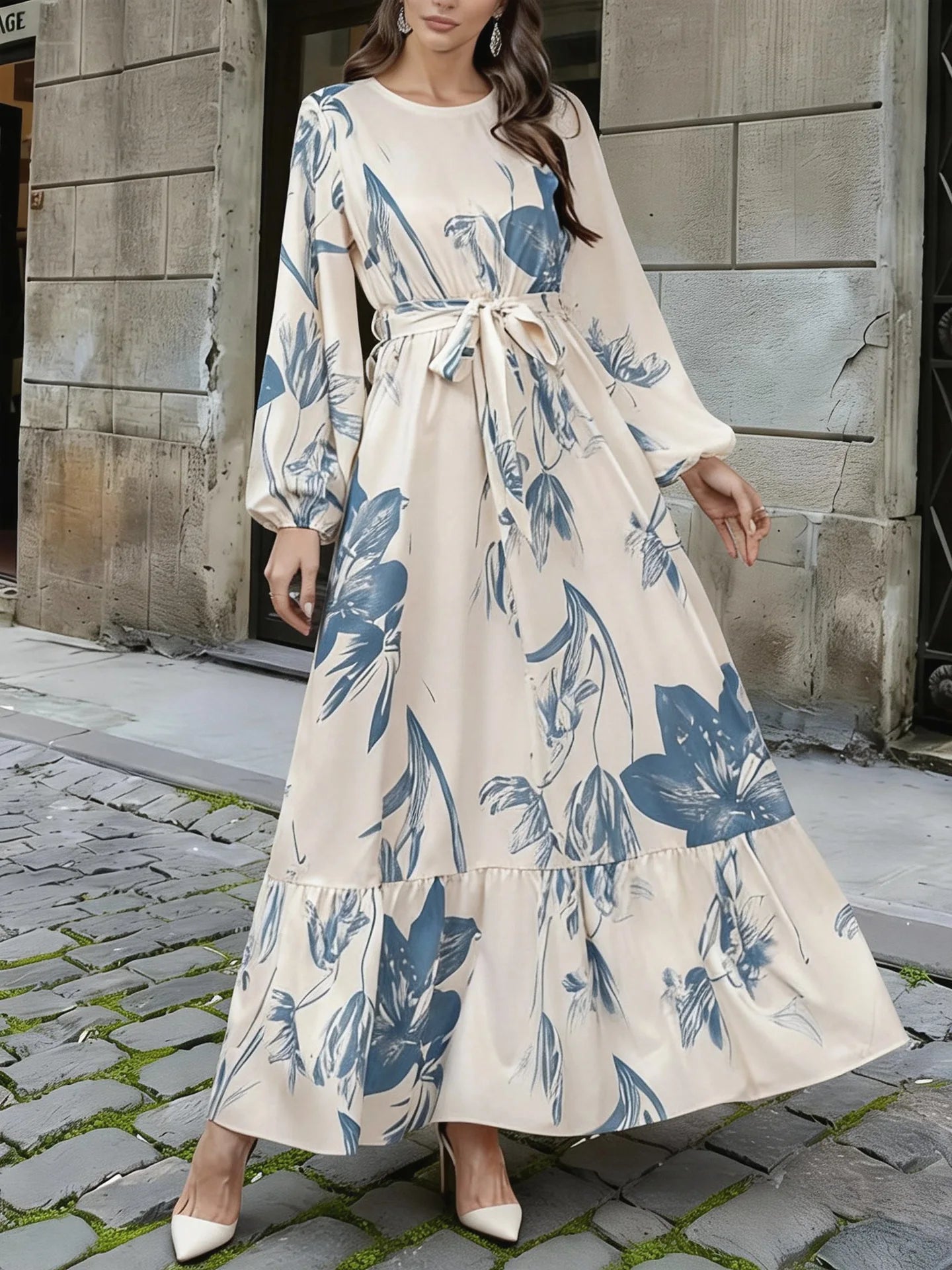 New Western style elegant floral print elastic waist spliced ruffled hem dress