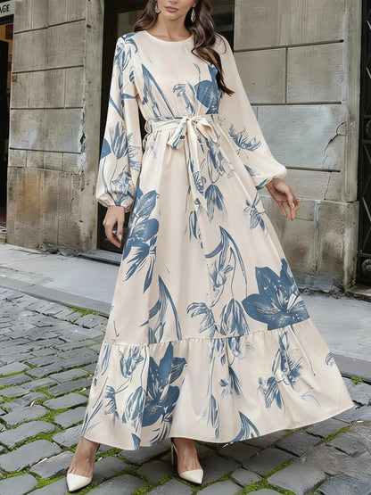 New Western style elegant floral print elastic waist spliced ruffled hem dress