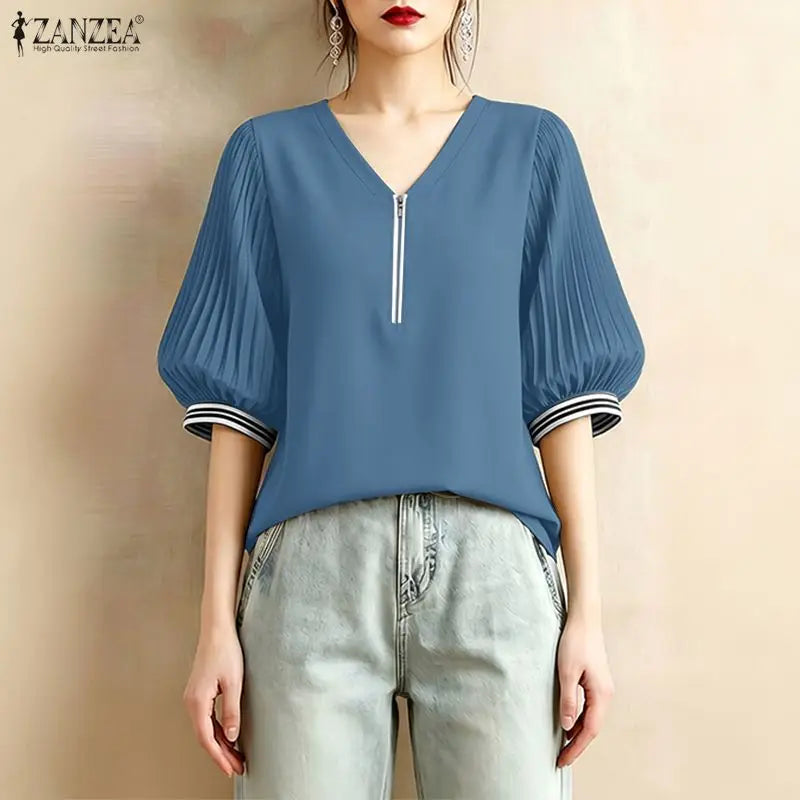 ZANZEA Women Contrast-Trum Blouse Korean Fashion V-Neck Half Zipper Pleatd 3/4 Lantern Sleeve Tops Summer Casual Blusa de Mujer