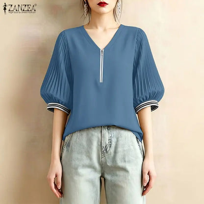 ZANZEA Women Contrast-Trum Blouse Korean Fashion V-Neck Half Zipper Pleatd 3/4 Lantern Sleeve Tops Summer Casual Blusa de Mujer