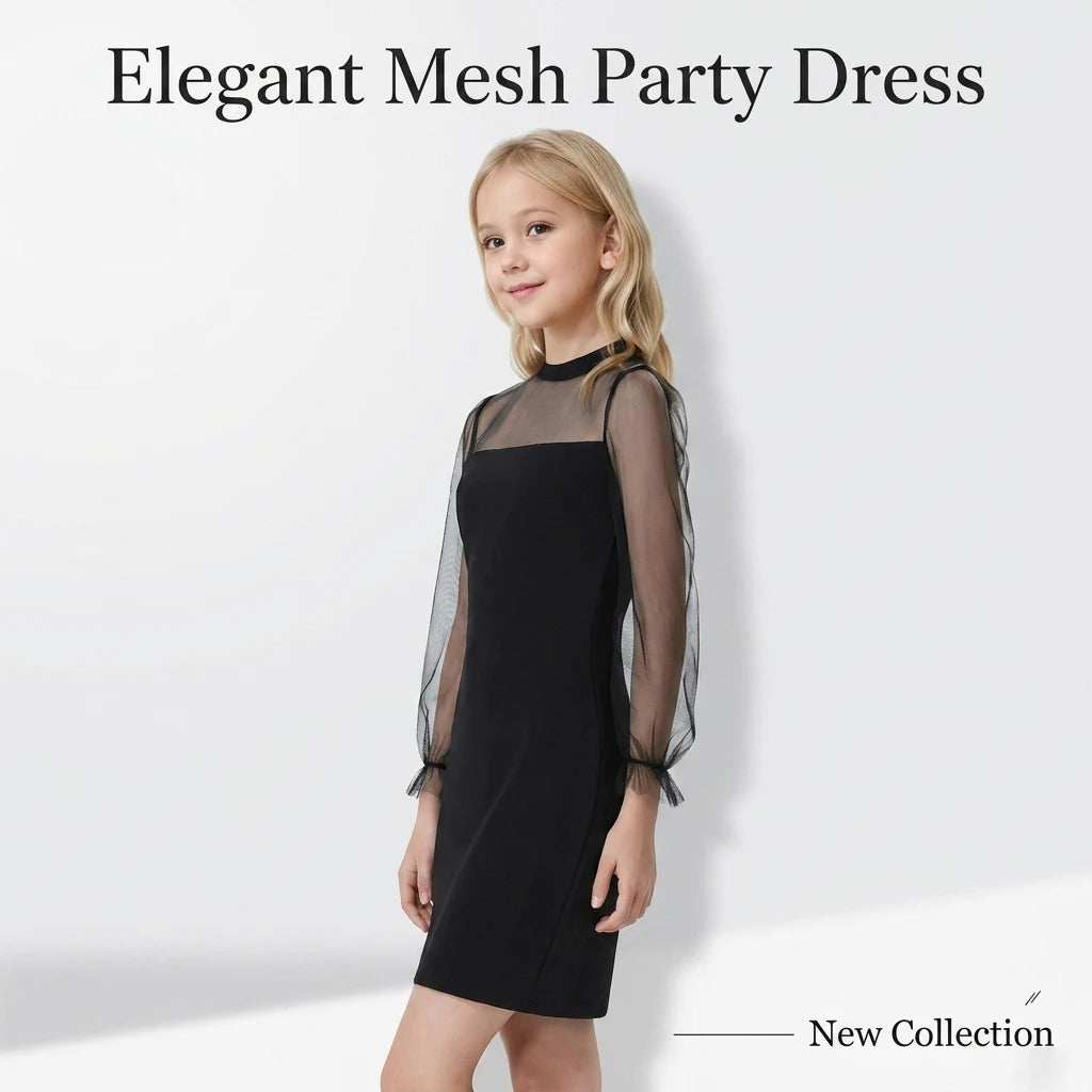 Summer 7-14 Years Girl's Black Sheer Mesh Spliced Mock Neck Long Sleeve Bodycon Dress for Party Daily Formal Casual Kids Elegant