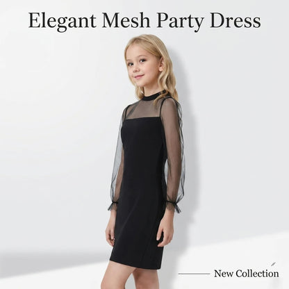 Summer 7-14 Years Girl's Black Sheer Mesh Spliced Mock Neck Long Sleeve Bodycon Dress for Party Daily Formal Casual Kids Elegant