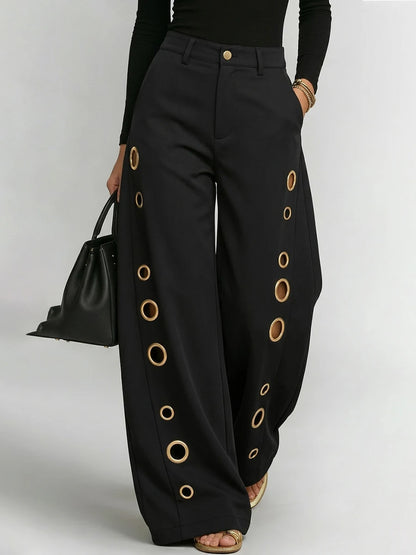 Bonboho Women's Solid Color Eyelet High Waist Wide Leg Pants 2026 Casual Streetwear Straight Leg Trousers Daily Wear Bottoms