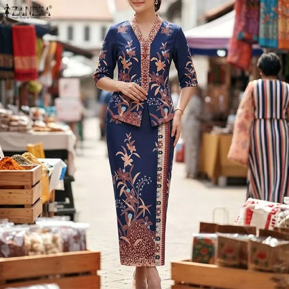 ZANZEA Elegant Women Dress Sets Ethnic Print V Neck Half Sleeve Blouse Sheath Maxi Long Skirt Suit Stylish Work Outfits 2 Pieces