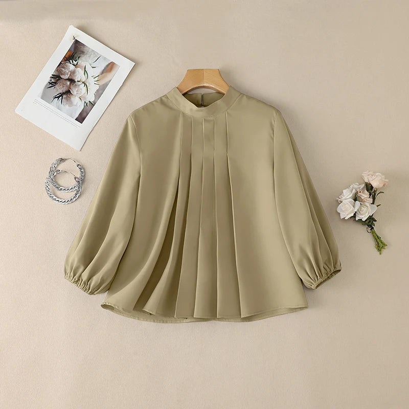 ZANZEA Women 3/4 Lantern Sleeve Blouses Summer Stand Collar Pleated Detailing Solid Color Tops Spring Commute Work Blusas Mujer