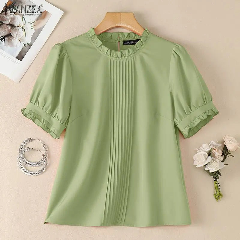ZANZEA 2026 Woman Elegant Pintuck Blouses Ruffled Trim O-Neck Half Puff Sleeves Solid Tops Summer Daily Casual Work Blusas Mujer