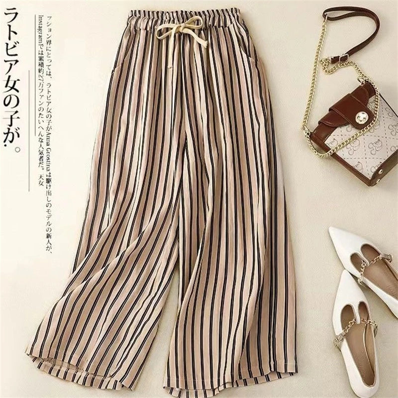 2024 Summer Women Vintage Striped Cotton Linen Beach Wide Leg Pants Female Casual High Waist Loose Straight Trousers Pantalones