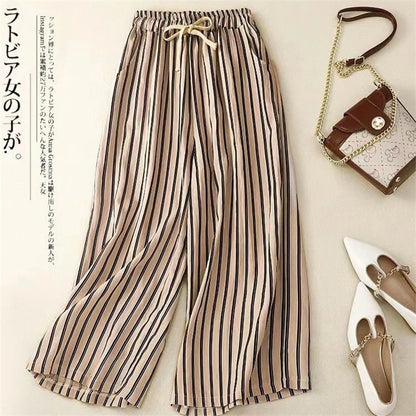 2024 Summer Women Vintage Striped Cotton Linen Beach Wide Leg Pants Female Casual High Waist Loose Straight Trousers Pantalones