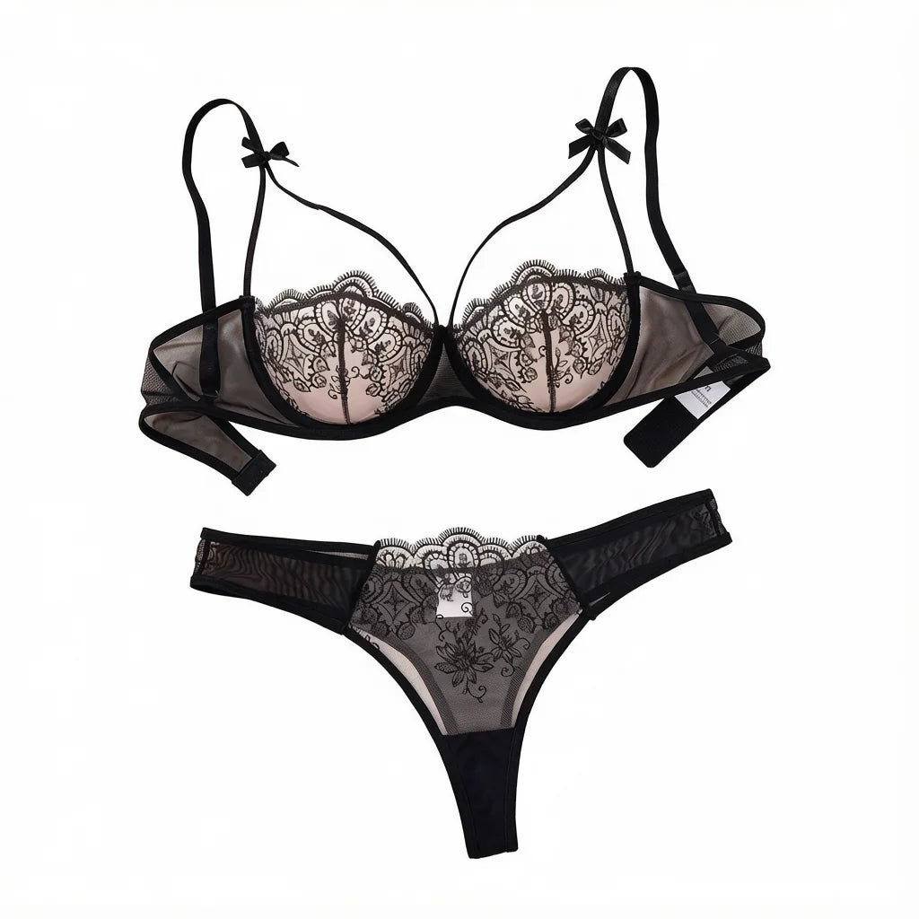Women Elegant Black Embroidery Lingerie Set Sheer Mesh Underwire Bra T‑back Panty Bow Decor Intimate Wear ZA824057