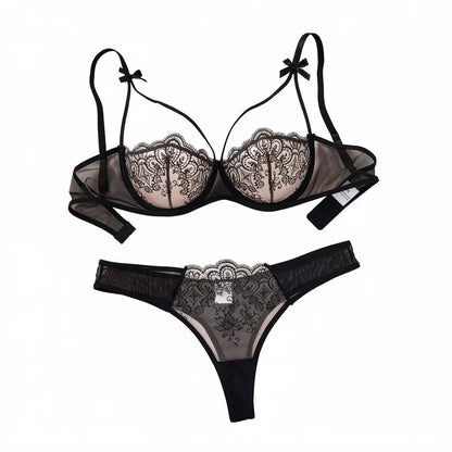 Women Elegant Black Embroidery Lingerie Set Sheer Mesh Underwire Bra T‑back Panty Bow Decor Intimate Wear ZA824057