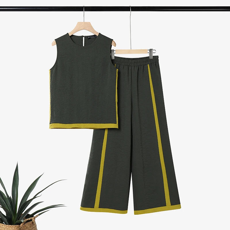 Stylish Summer 2 Pieces Oufits ZANZEA Women Color-Blocking Tracksuit Casual O Neck Sleeveless Tanks Tops Wide Leg Pant Sets 2026