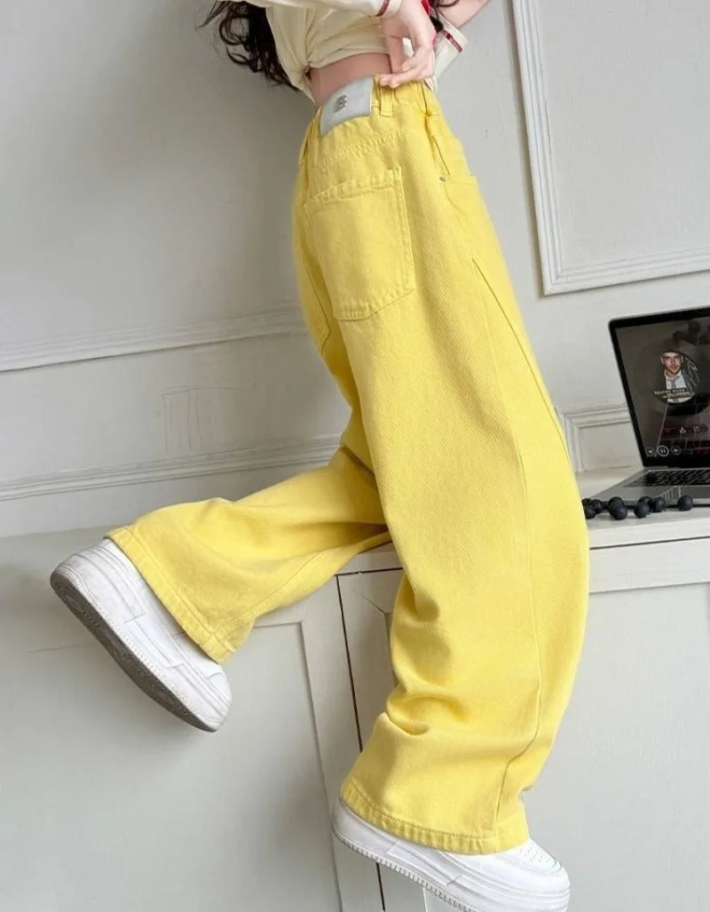 Girls' Wide Leg Pants Spring 5-12 Years Cotton Straight Leg Loose Fit Kids' Trousers Soft Breathable Fashionable Tapered Bottoms