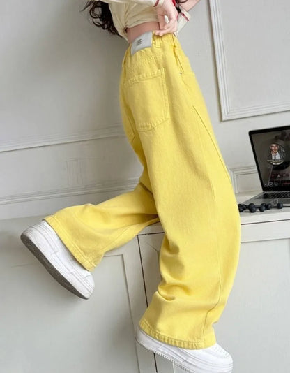 Girls' Wide Leg Pants Spring 5-12 Years Cotton Straight Leg Loose Fit Kids' Trousers Soft Breathable Fashionable Tapered Bottoms