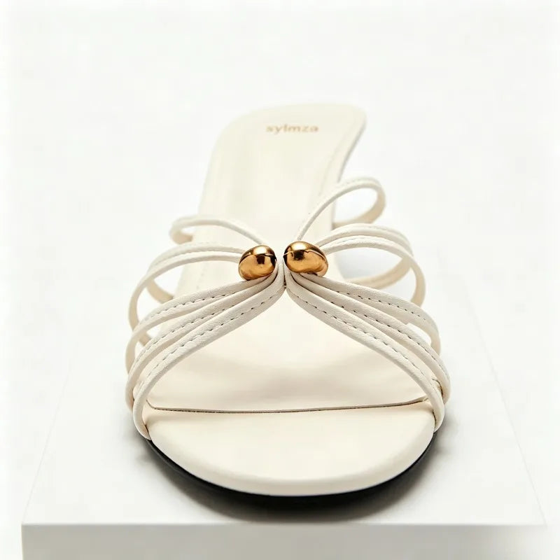 White Narrow Band Design Mid Heel Women's Slippers Sexy Open Toe Slide Sandals for Ladies Metal Embellished Thin Heeled Sandals