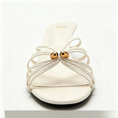 White Narrow Band Design Mid Heel Women's Slippers Sexy Open Toe Slide Sandals for Ladies Metal Embellished Thin Heeled Sandals