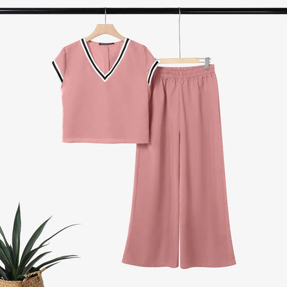 ZANZEA Women Fashion Pant Sets Summer Contrast-Trim Cap Sleeve Short Top & Wide Leg Pant 2 Pieces Sets Casual Pant Suits Outfits