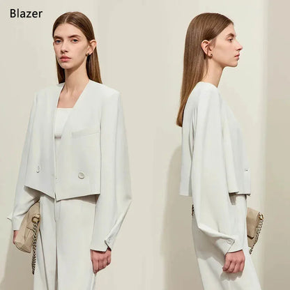 AMII Minimalism Women's Pants 2025 Autumn New Office Lady V-neck Loose Short Blazer Jacket Casual Solid Pants Separate 12441110