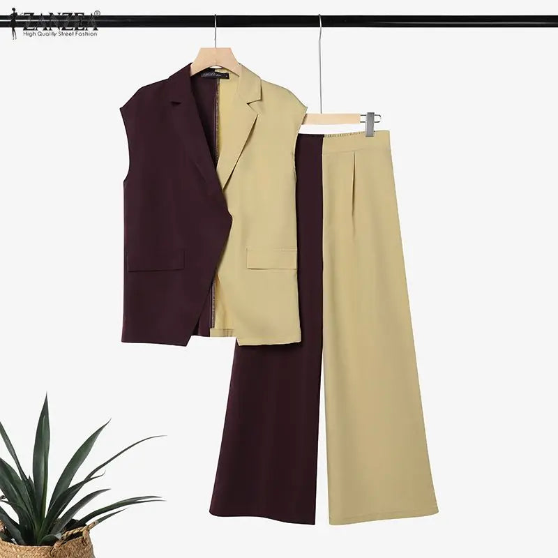 Stylish Summer Patchwork 2 Pieces Sets 2026 ZANZEA Women Pant Sets Sleeveless Irregular Tanks Tops Trousers Elegant Work Outfits