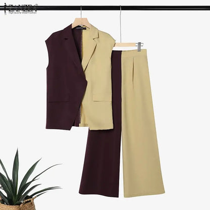 Stylish Summer Patchwork 2 Pieces Sets 2026 ZANZEA Women Pant Sets Sleeveless Irregular Tanks Tops Trousers Elegant Work Outfits
