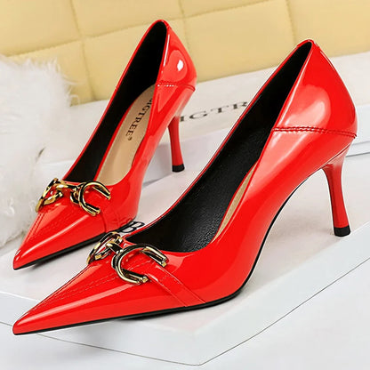 Luxury Women Pumps Metal Belt Buckle High Heels Patent Leather Women Heels Stilettos Career OL Office Shoes Plus Size 41 42 43