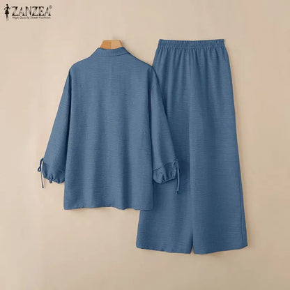 ZANZEA Women Twill Pant Sets Loose Lantern Sleeve Shirt & Elastic Waist Pant 2 Piece Sets 2026 Autumn Casual Daily Wear Co-ords