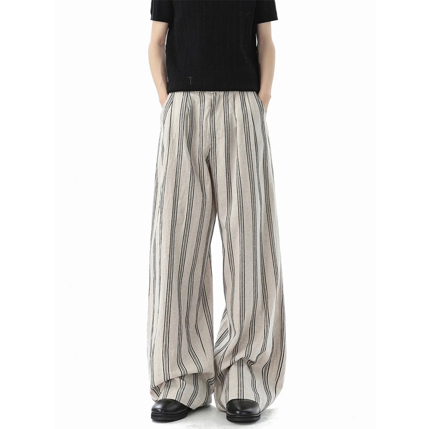 American Retro Striped Cotton Linen Wide Leg Casual Pants Men Summer New Color Collision Loose Match Slimming Floor-Length Pants