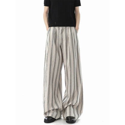 American Retro Striped Cotton Linen Wide Leg Casual Pants Men Summer New Color Collision Loose Match Slimming Floor-Length Pants
