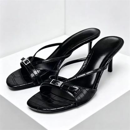 2026 Summer Embossed Top Design Slippers Women Sexy Peep Toe Heeled Sandals for Ladies Elegant Cross Strap Buckle High Heels