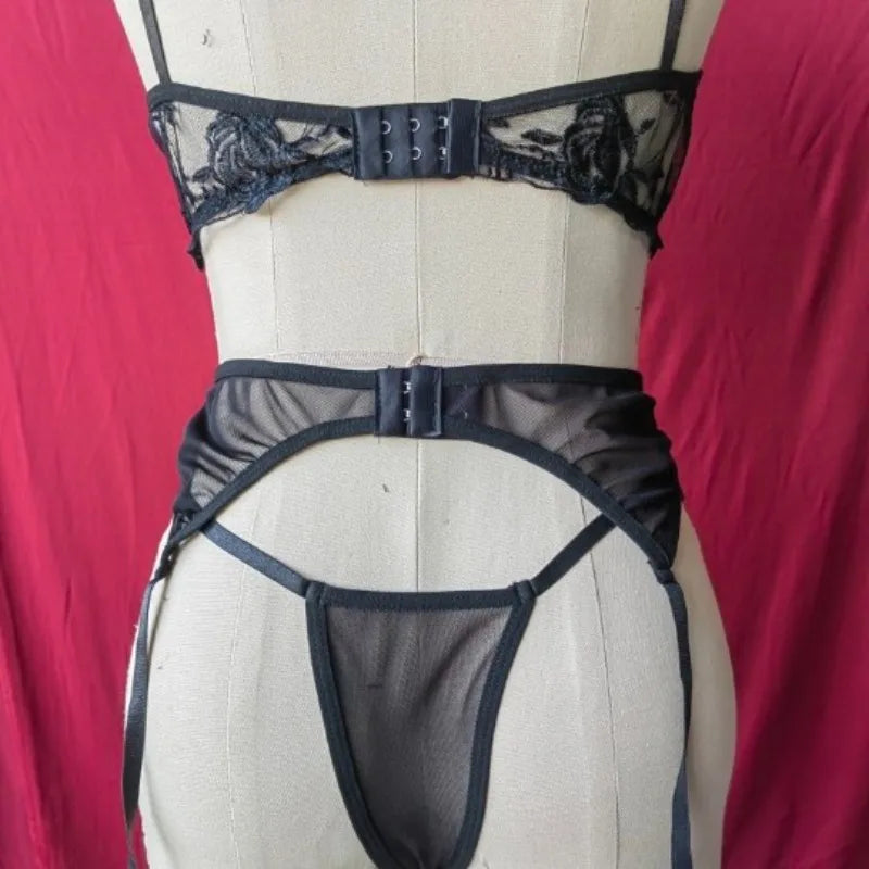 Sexy Butterfly Embroidery Lingerie Set 3 Piece Mesh Lace Bra Panty Garter Belt Women's Erotic Intimate Underwear