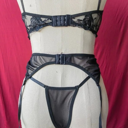 Sexy Butterfly Embroidery Lingerie Set 3 Piece Mesh Lace Bra Panty Garter Belt Women's Erotic Intimate Underwear