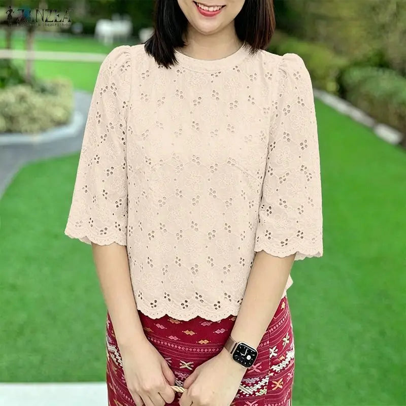 ZANZEA Women's Casual Openwork Blouses O-Neck Half Sleeve Embroidered Floral Patchwork Tops Summer Daily Wear Blusas de Mujer