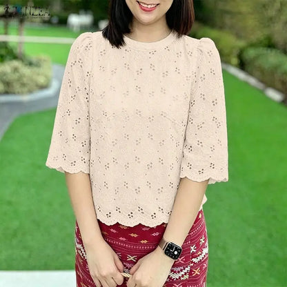 ZANZEA Women's Casual Openwork Blouses O-Neck Half Sleeve Embroidered Floral Patchwork Tops Summer Daily Wear Blusas de Mujer