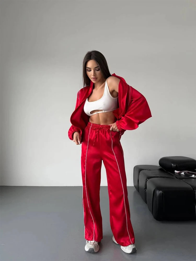 Satin Tracksuit Zip-up Set Long Sleeve Women's Jacket Wide Leg Pants Summer Lady Fashion Casual Daily Street Sportswear 2026 New