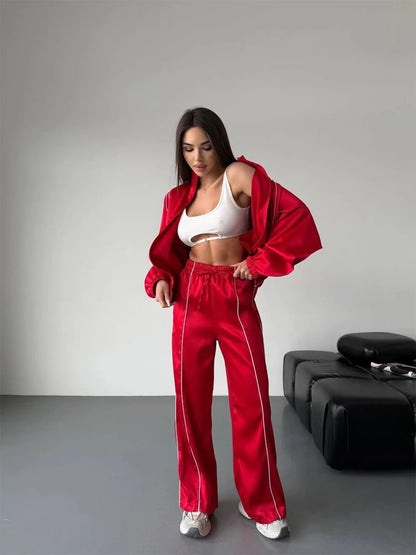 Satin Tracksuit Zip-up Set Long Sleeve Women's Jacket Wide Leg Pants Summer Lady Fashion Casual Daily Street Sportswear 2026 New