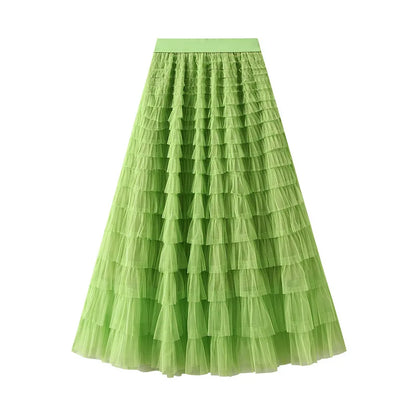 HOT Solid Multilayer Ruffle Mesh Skirt Women Boho High Waist Long Maxi Tulle Skirt Spring Summer Party Women's Clothing
