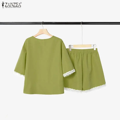 ZANZEA Fashion Summer 2 Pieces Sets Holiday Outfits Women O Neck Short Sleeve Blouse Short Sets Casual Lace Patchwork Tracksuit