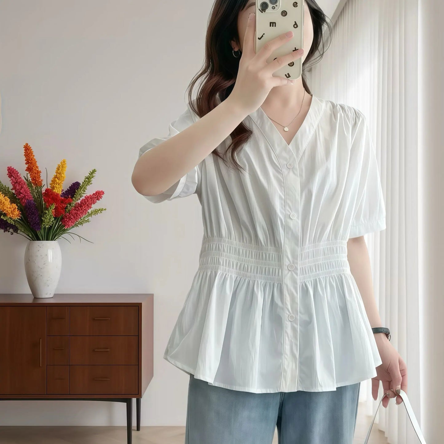 200 Pounds Plus Size Elastic Waist Summer Shirt And Blouse  Solid Top Women's New In Clothes Simple V-neck French