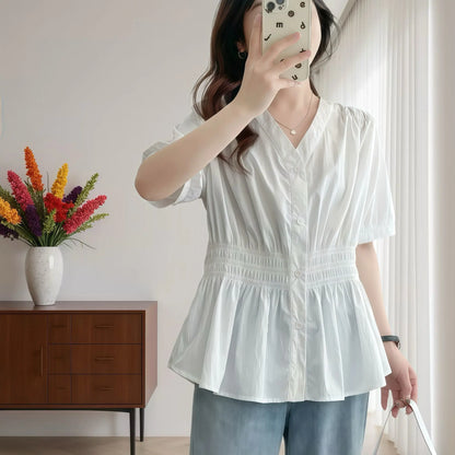 200 Pounds Plus Size Elastic Waist Summer Shirt And Blouse  Solid Top Women's New In Clothes Simple V-neck French