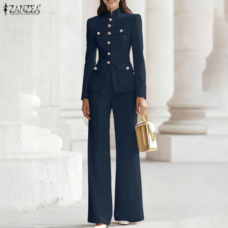 ZANZEA Women's Elegant Pant Suits Vintage Stand Collar Long Sleeve Top & Casual Pant 2 Pieces Sets Commuting Work Wear Outfits