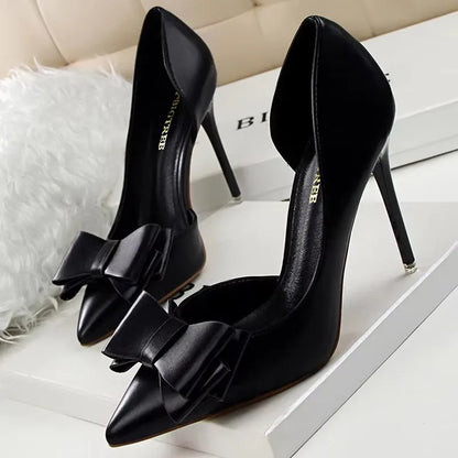BIGTREE Shoes Pu Leather Kitten Heels Bowknot Stiletto Heels 7.5 Cm Women Pumps Fashion High-heeled Shoes Sexy Wedding Shoes
