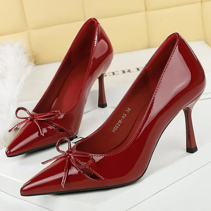Women 8 Heels Patent Leather Women Pumps Bowknot Hollowed-Out High Heels Stiletto Sexy Party Shoes Female Pumps Plus Size 43