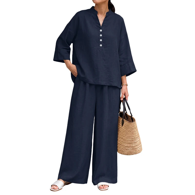ZANZEA Women Casual Loose Pant Sets V-Neck Long Sleeve Blouse & Wide Leg Pant 2 Piece Matching Sets Autumn Daily Wear Co-ords