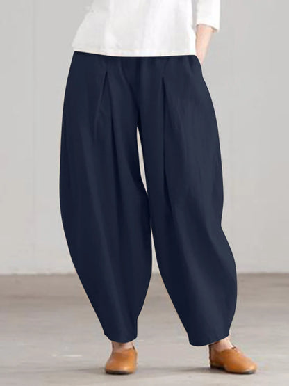 ZANZEA Summer Elastic Waist Solid Trousers Women Casual Baggy Pants Elegant Loose Wide Leg Pantalon Vintage Cotton Turnip 2024