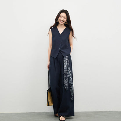 SENTUBILA Office 2 Piece Pant Set 2026 Women Linen Blend Summer Suit V Neck Waistcoat Wide Leg Baggy Pant Print Scarf 162ZA5663Z