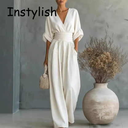 Women Elegant High Waist Jumpsuits Summer Short Sleeve Wide Leg Pants Romper Casual V Neck Solid Loose Jumpsuits Streetwear